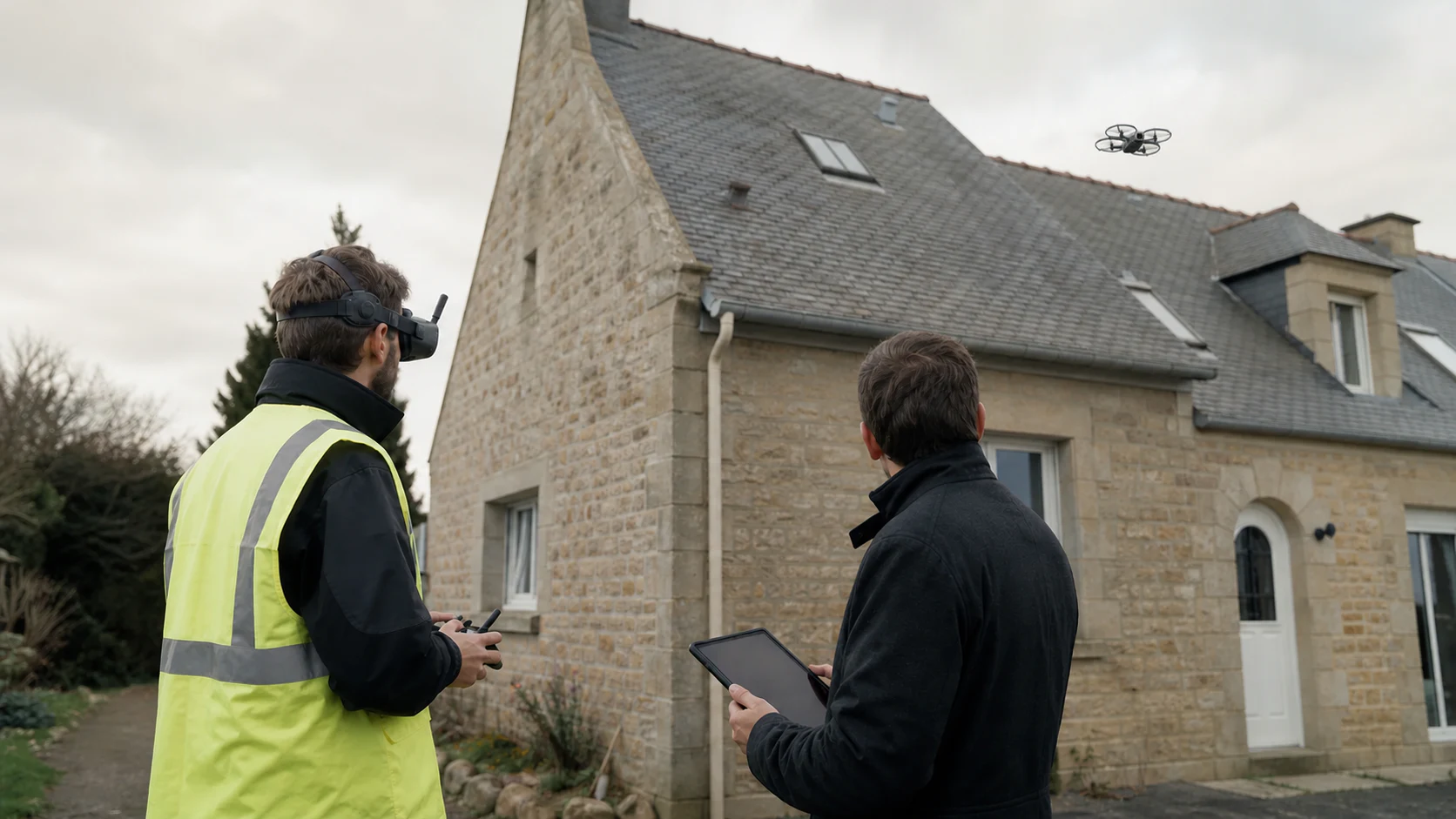 Télépilote et client suivant ensemble les images d’une mission sur tablette, avec micro-drone compact protégé en vol
